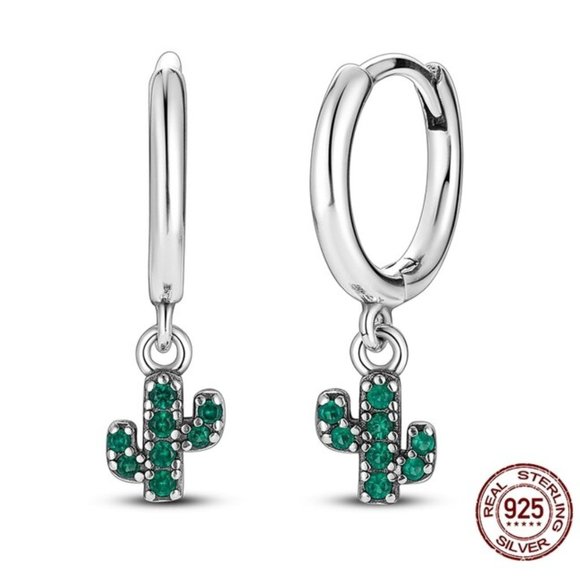 Jewelry - Green Cactus Charm Sterling Silver Hoop Earrings